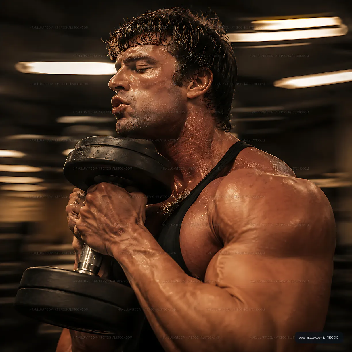 Man lifting dumbbell during workout in gym environment
