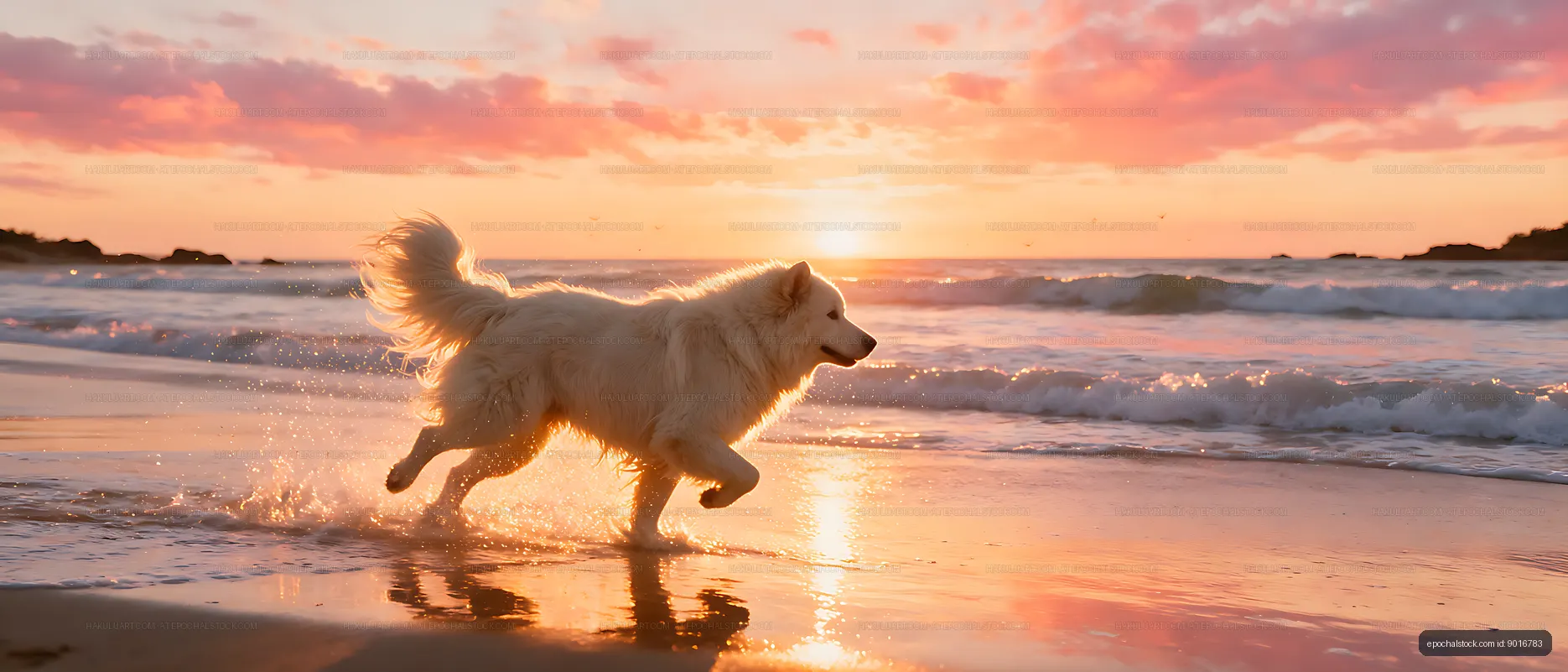 Fluffy white dog leaping through surf on a sunset beach