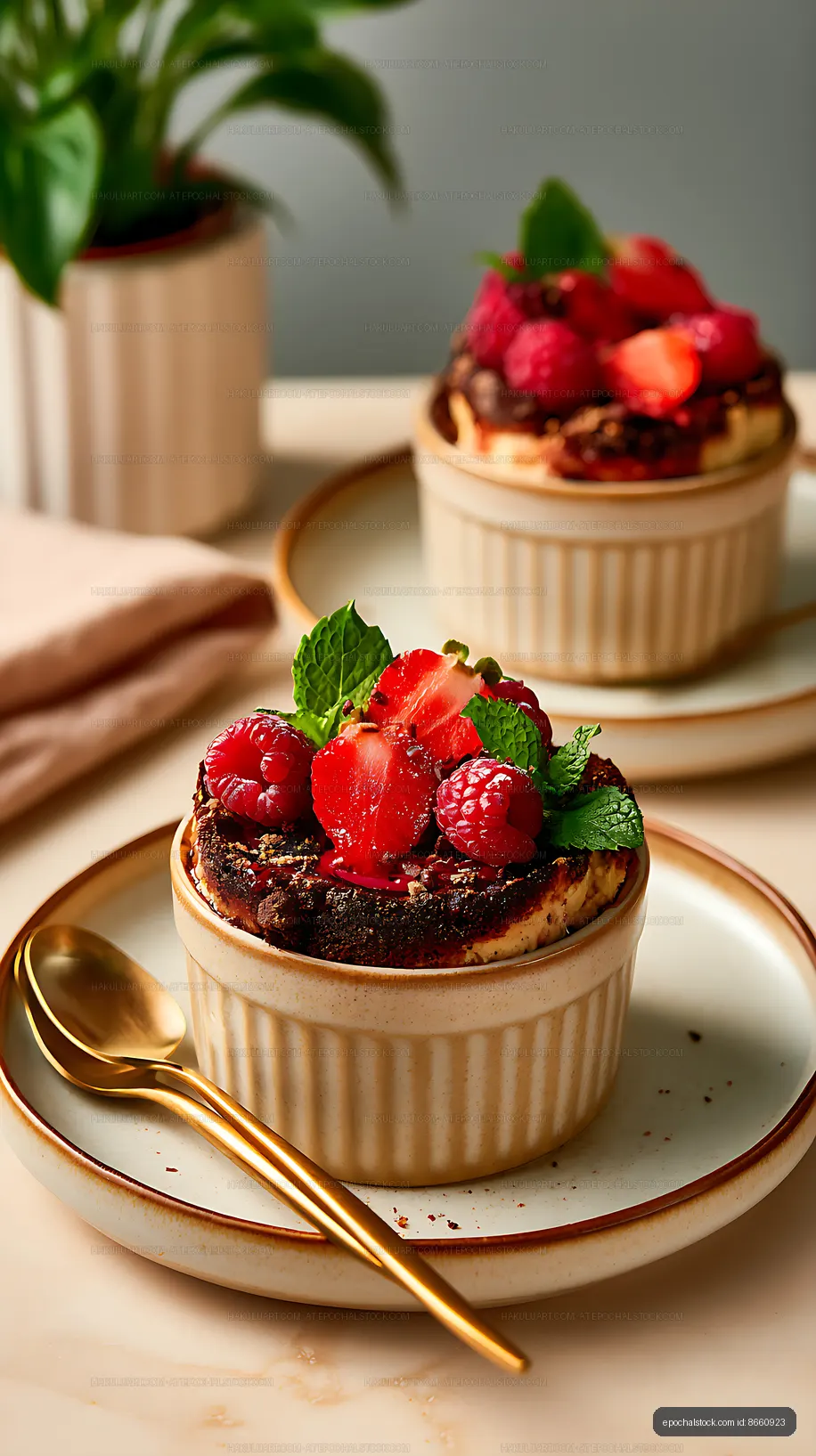 Berry-covered chocolate dessert served in a ramekin