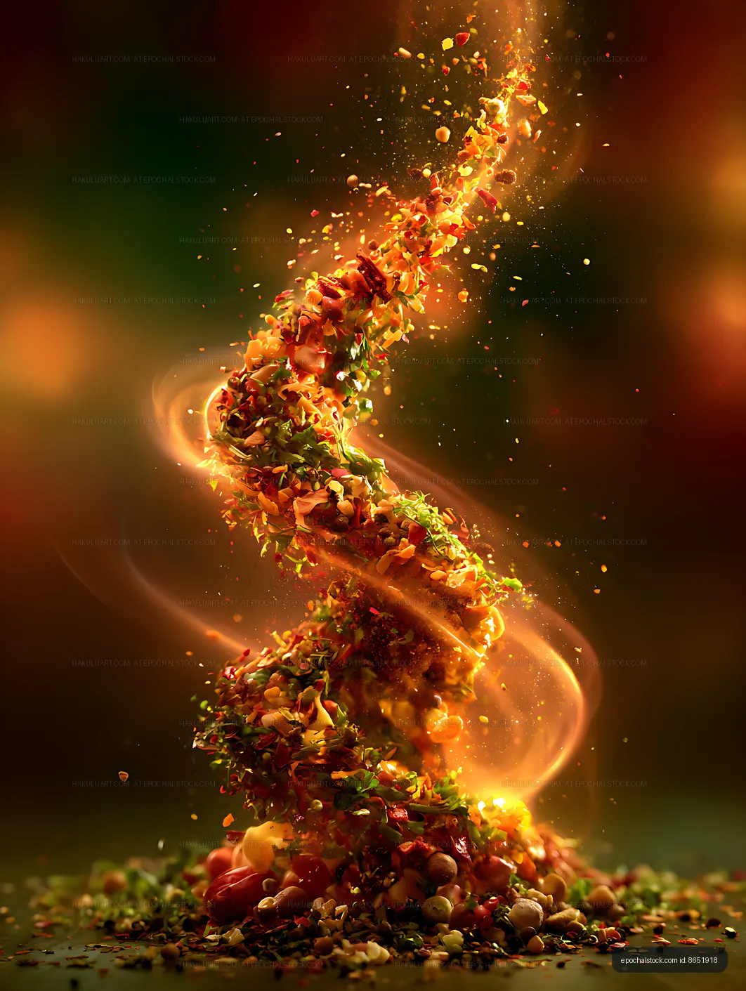 Dramatic rising food sculpture in golden light