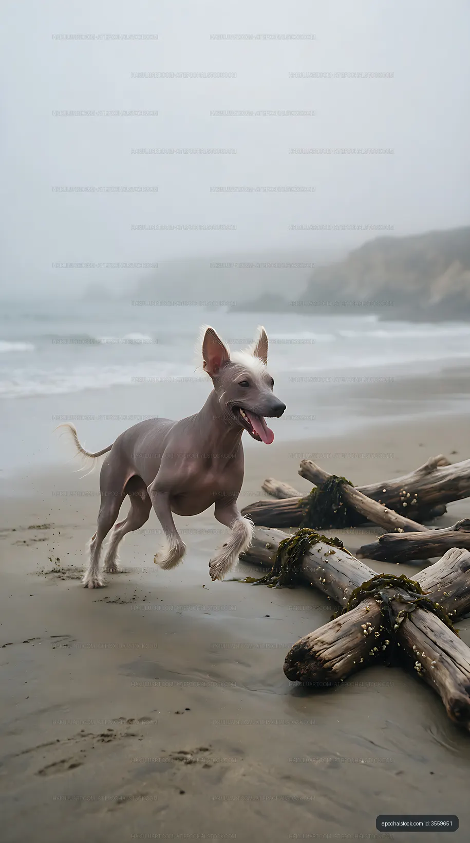 Hairless dog runs beside driftwood on a misty beach
