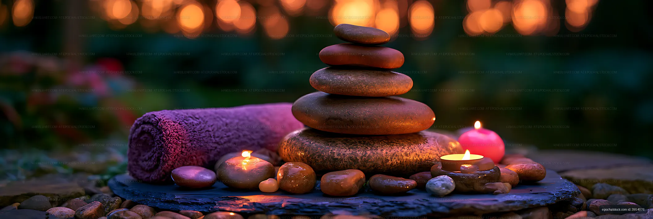 Calming spa stones with glowing candles outdoors
