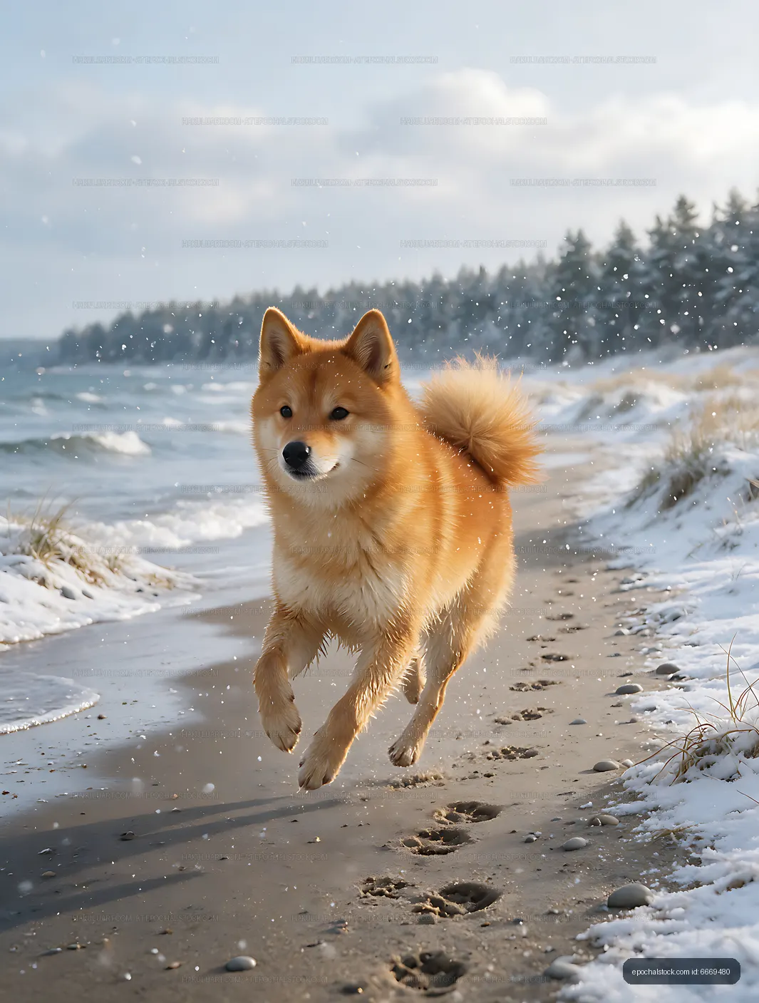 Fluffy dog sprinting on a snow-covered shoreline