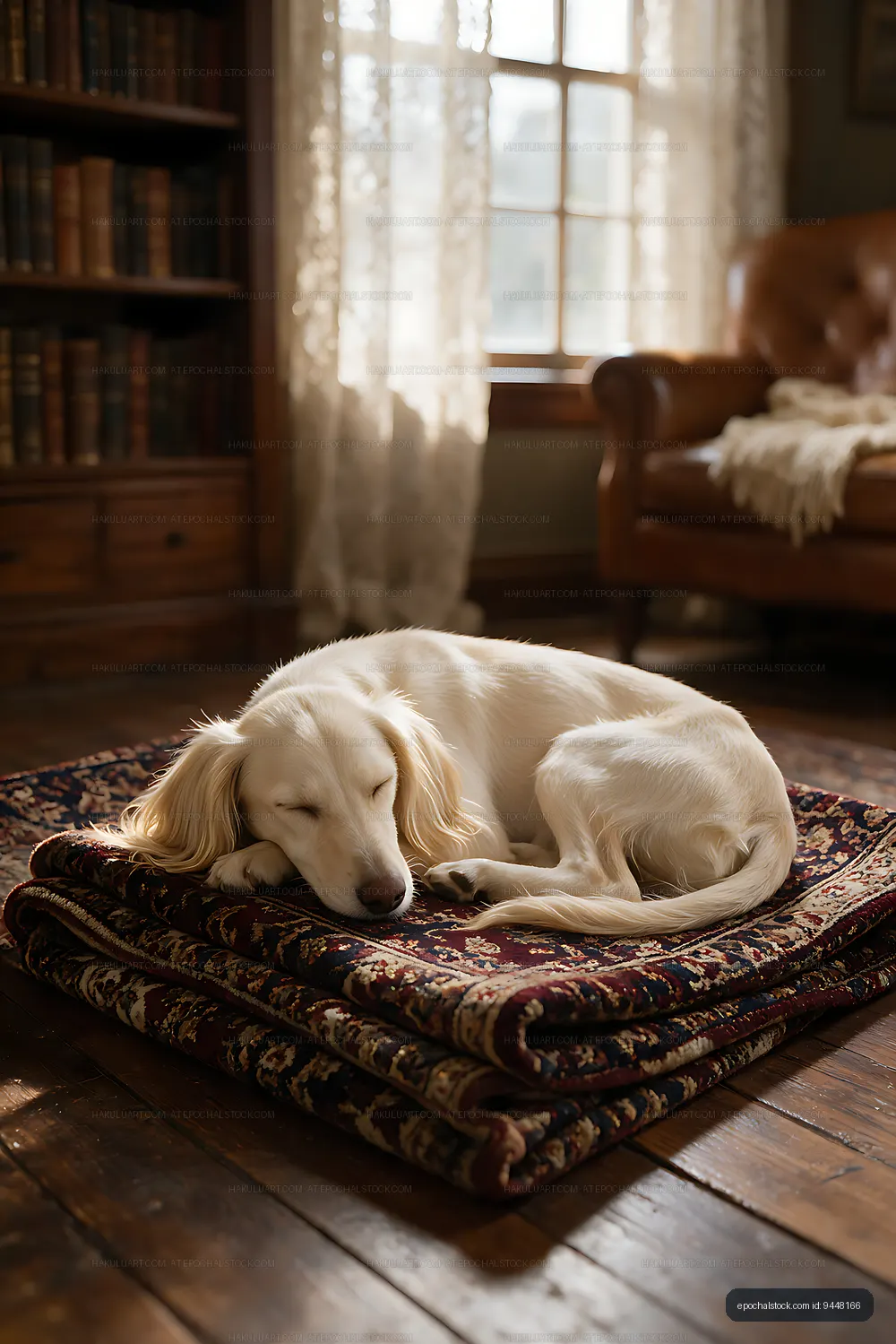Peaceful sleeping puppy resting on a patterned cushion indoors