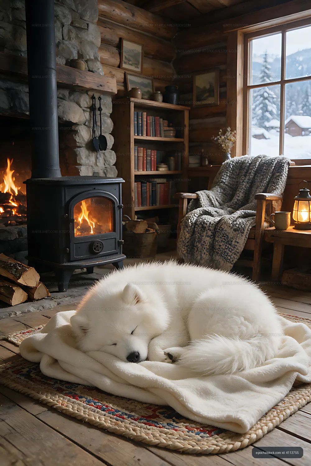 White puppy asleep beside a glowing stove