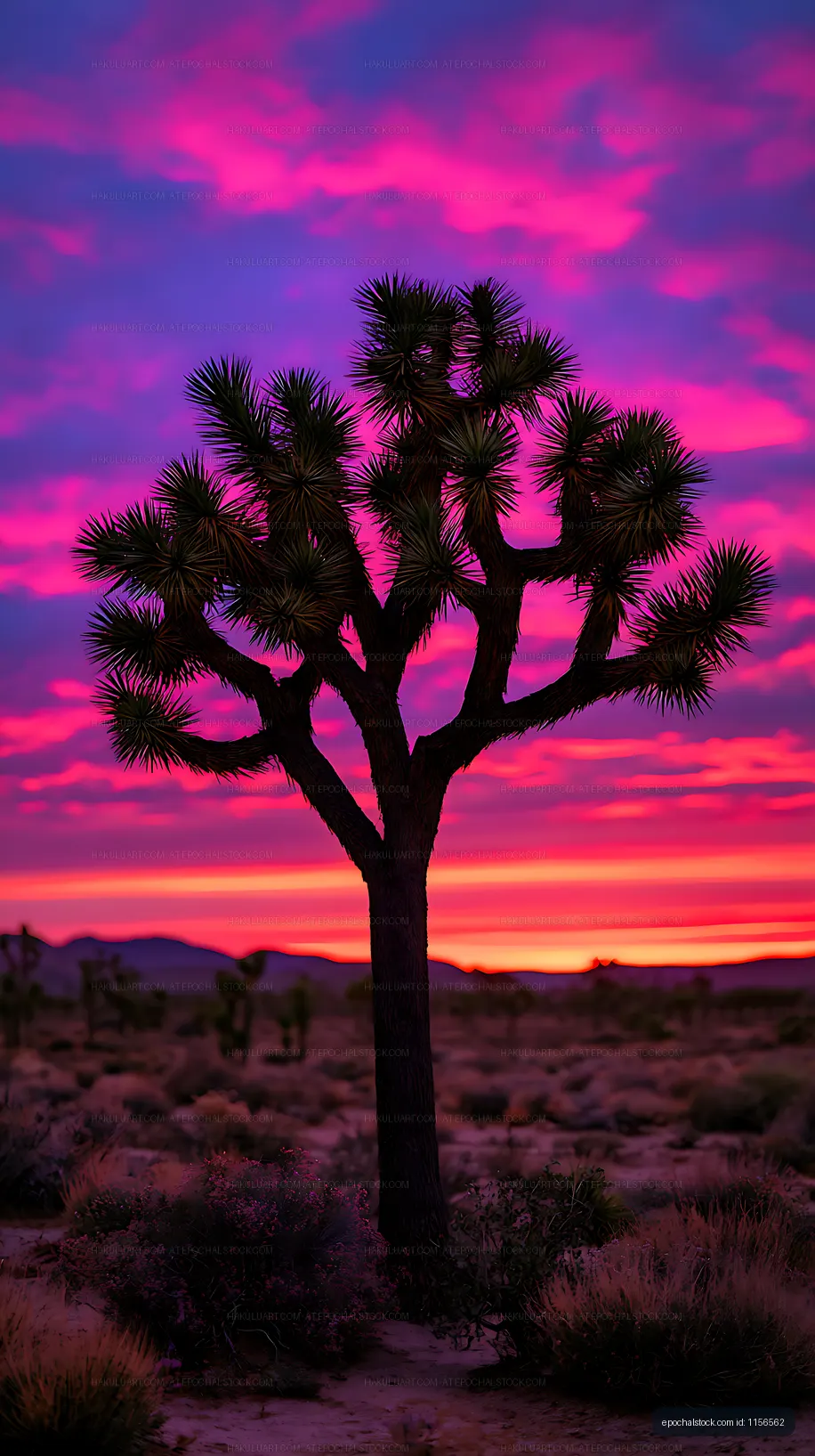 Silhouetted Joshua tree against pink and purple twilight clouds