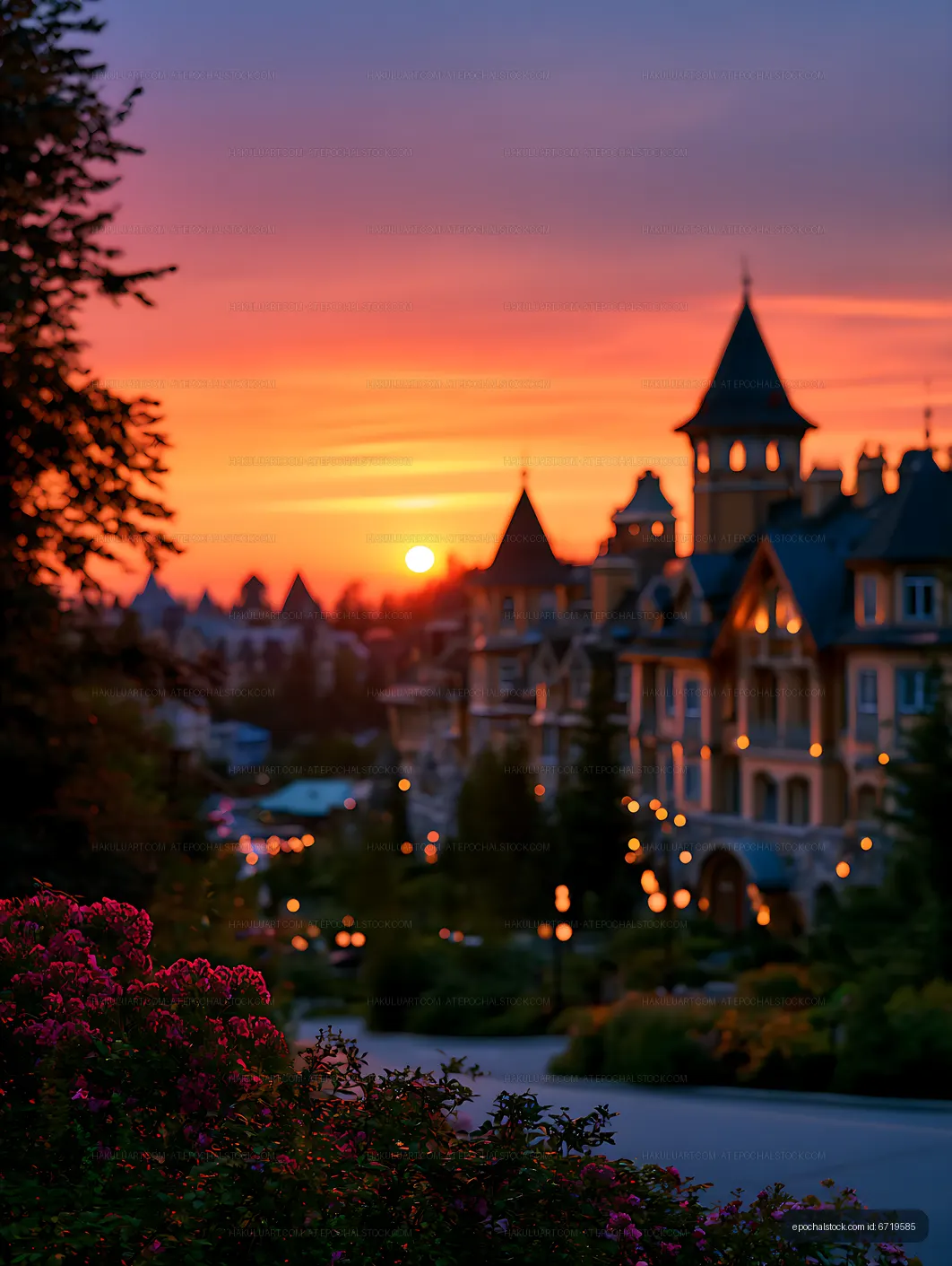 Soft-focus village rooftops under a vibrant sunset