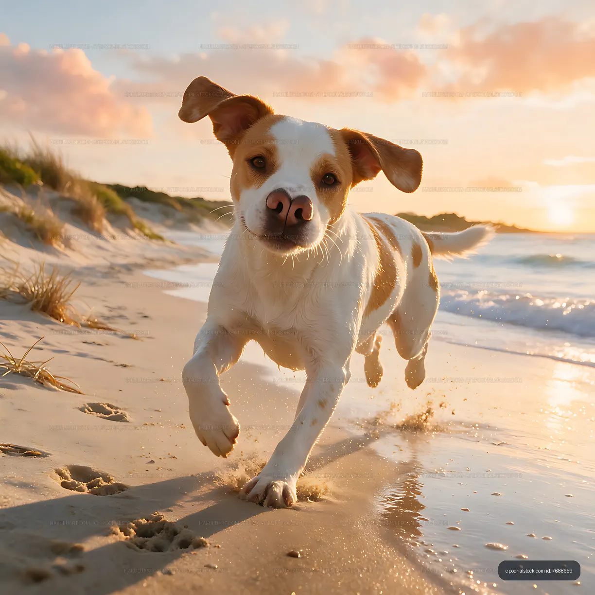 Dog Sprinting Along the Shore at Golden Hour