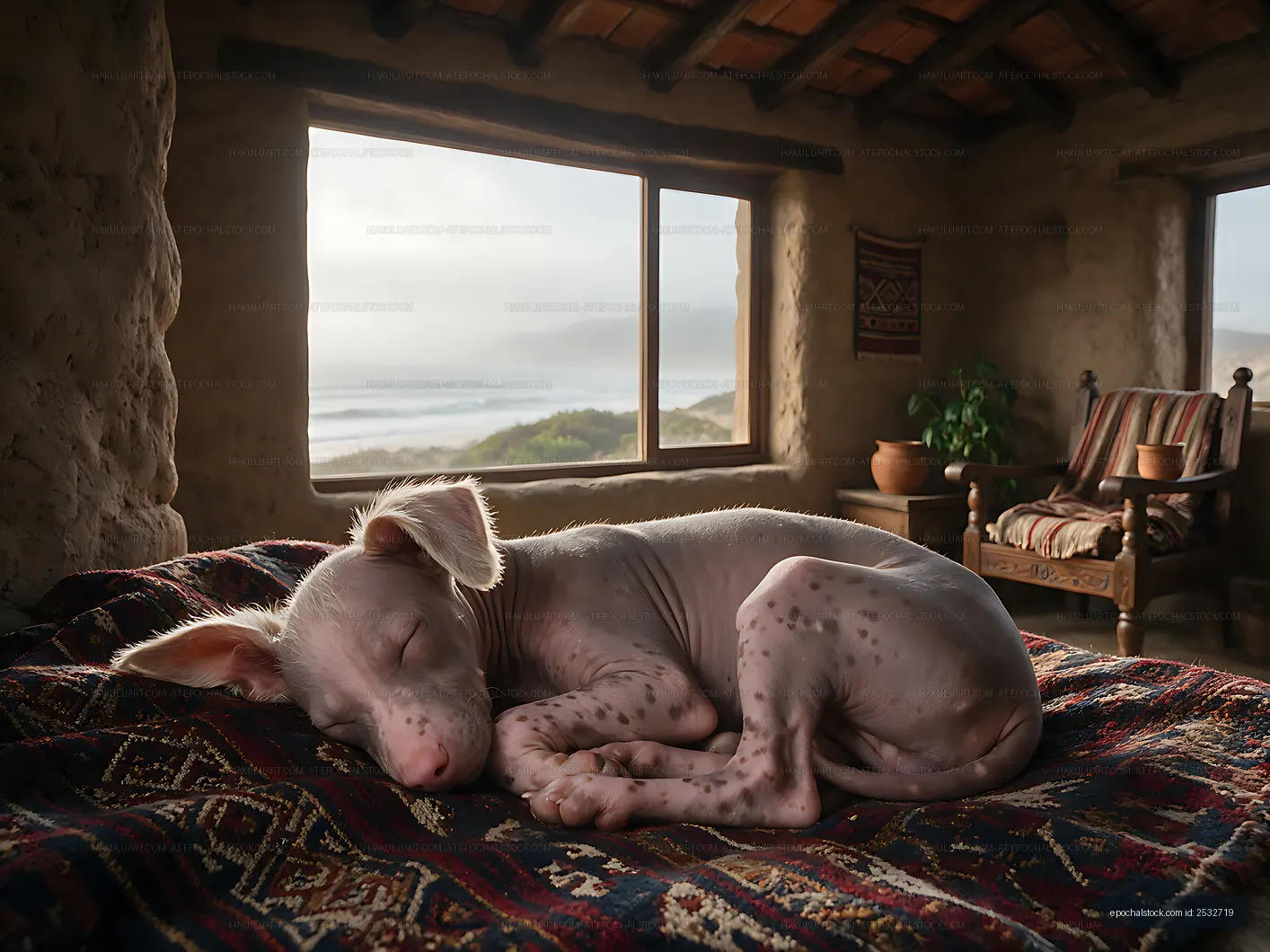 Sleeping hairless puppy on a patterned blanket