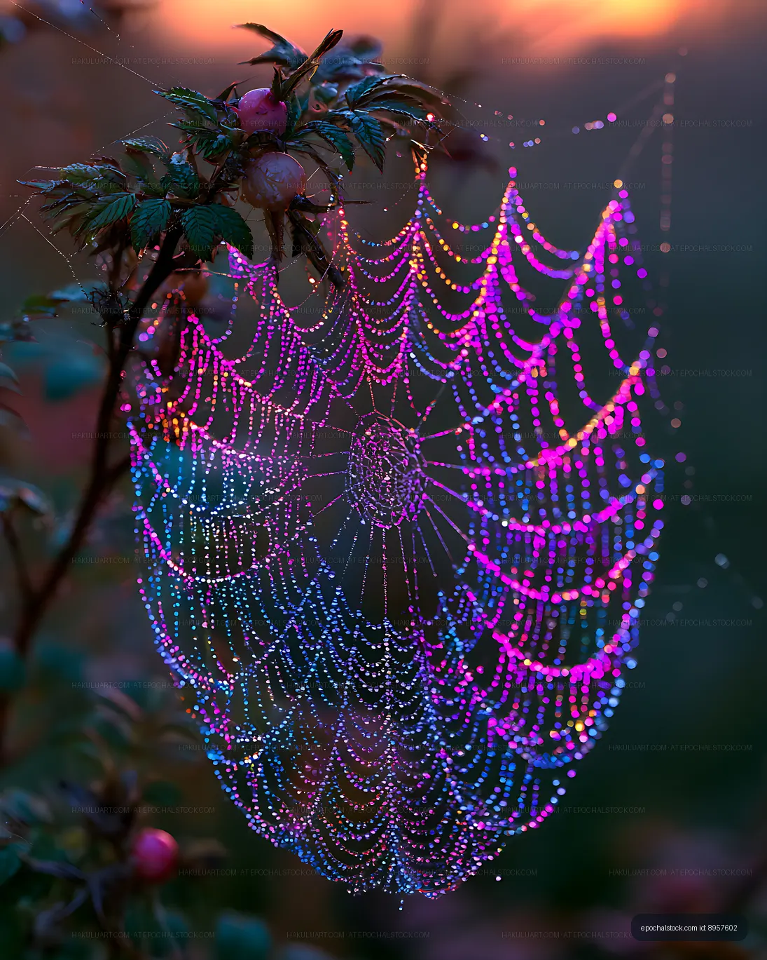 Colorful illuminated spider web with dew drops