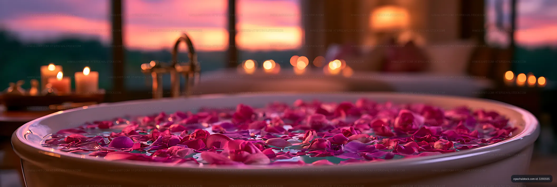 Romantic rose petal bath overlooking a sunset