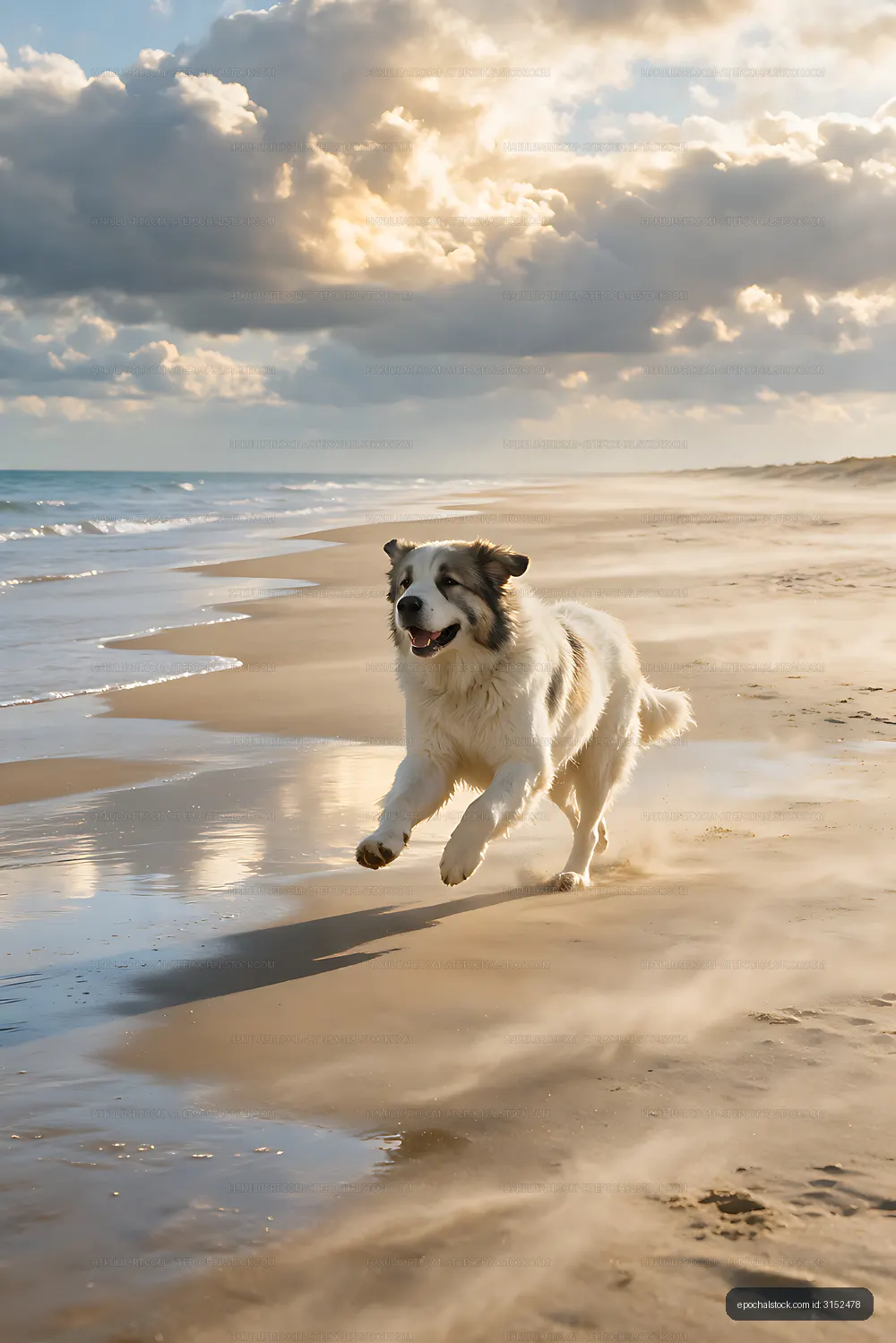 Long-haired dog sprinting on a bright coastal beach