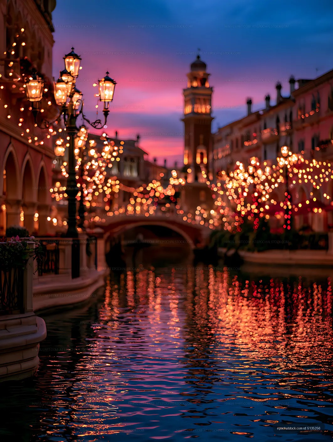 Twilight canal with illuminated buildings and reflected lights