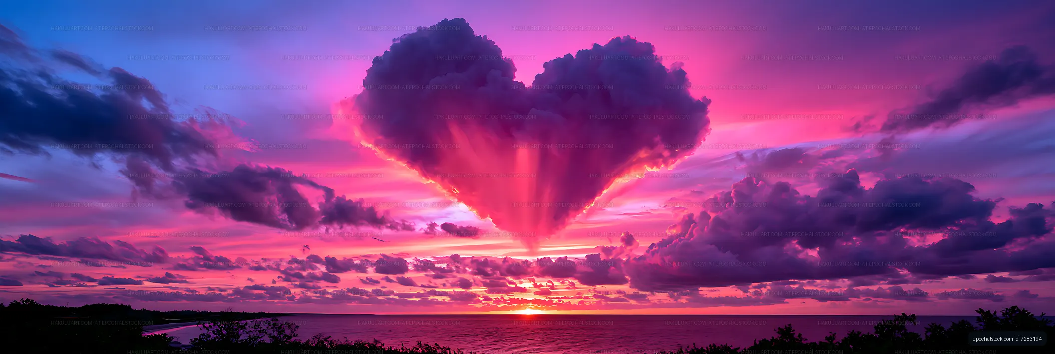 Colorful sunset and towering clouds over calm ocean water