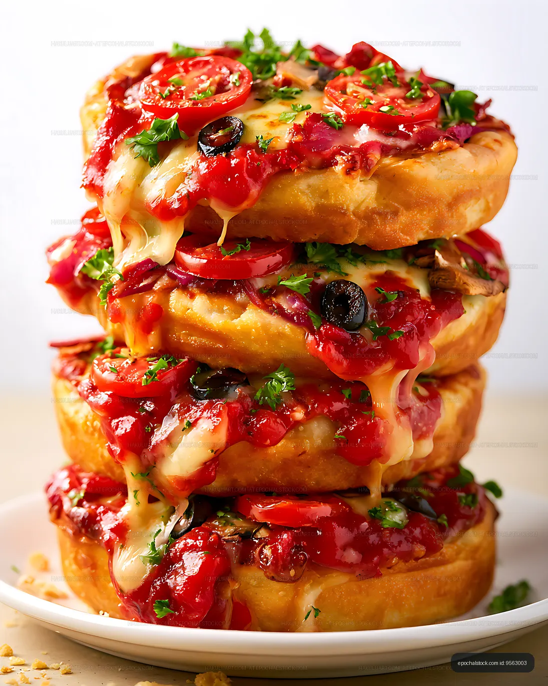 Tower of toasted sandwiches with melted cheese and tomato