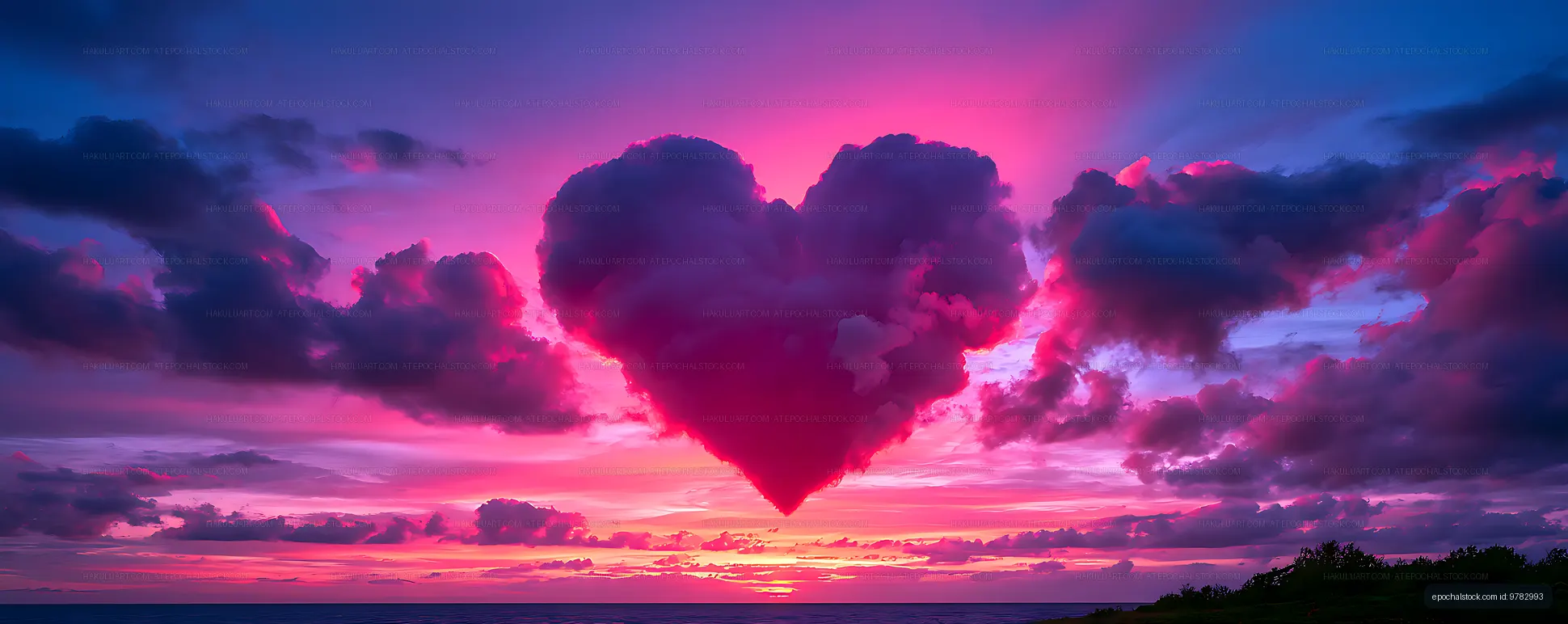 Surreal heart-shaped cloud over a pink ocean horizon