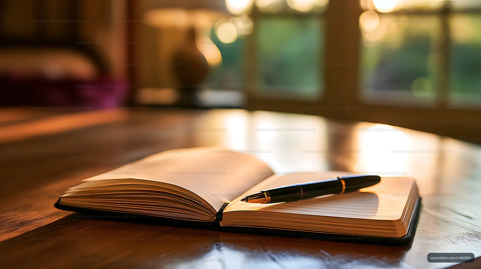 Open notebook and pen beside a bright window