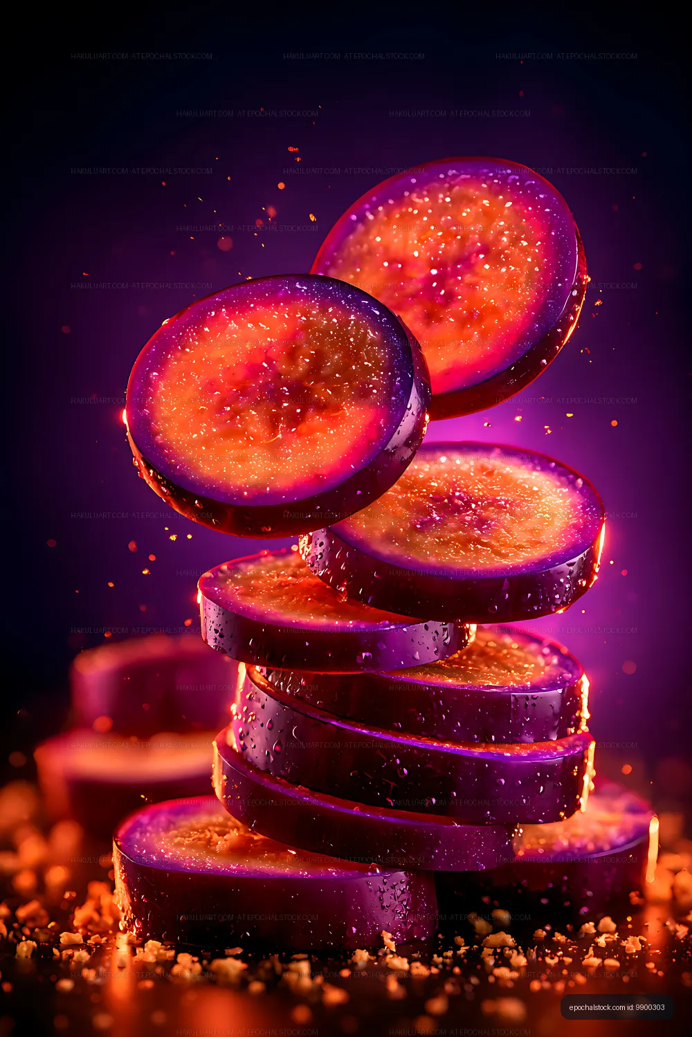 Colorful close-up of sliced purple fruit with droplets