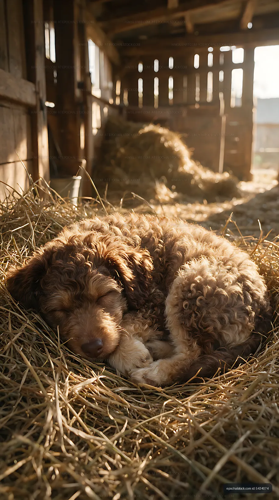 Two fluffy puppies asleep together on straw