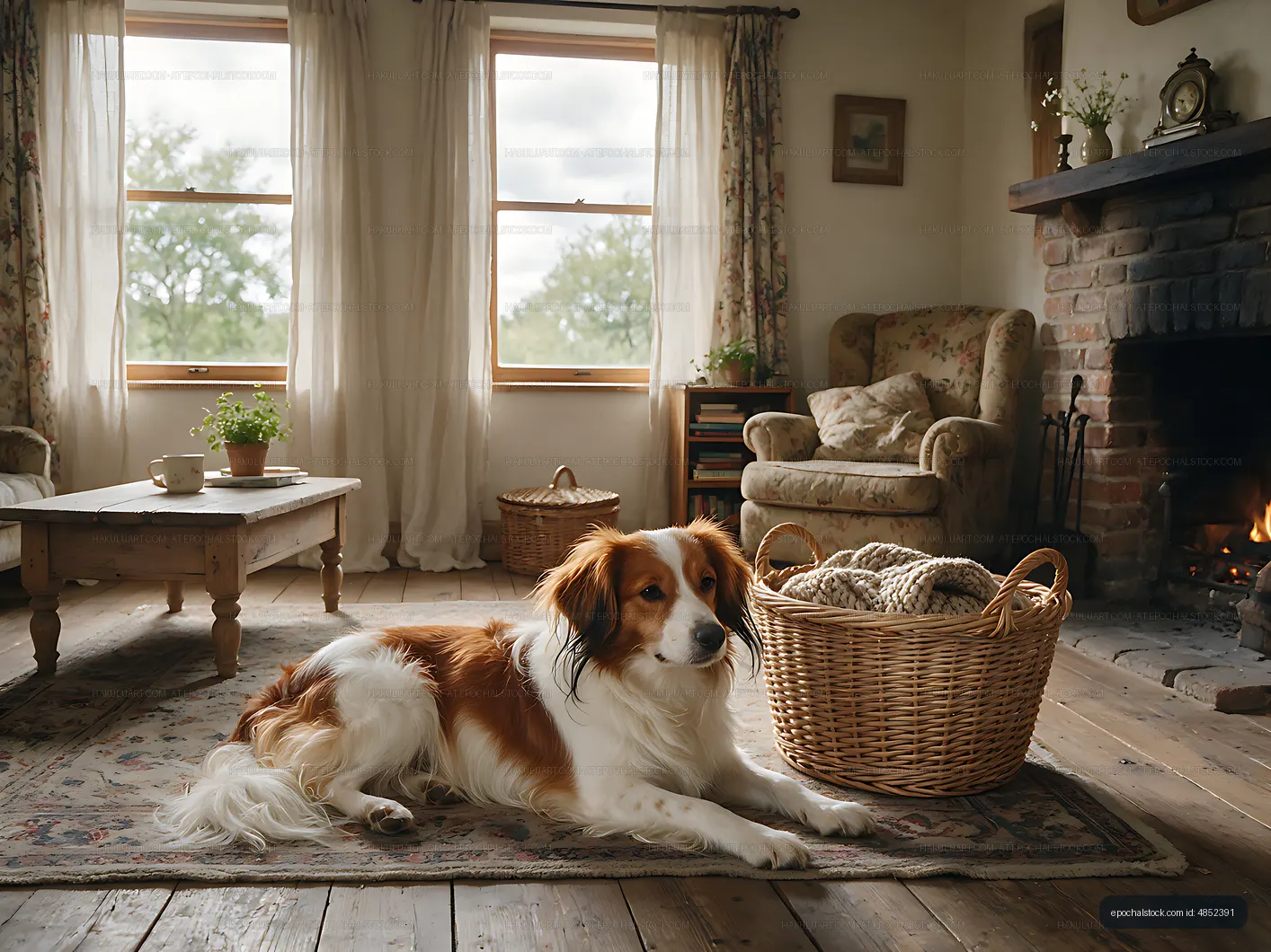 Dog resting on a rug in a warm cottage living room