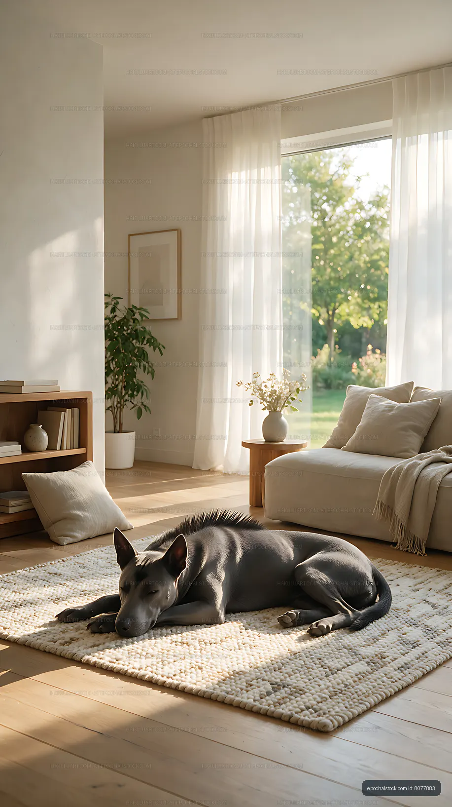 Black dog sleeping on a rug in a sunlit living room