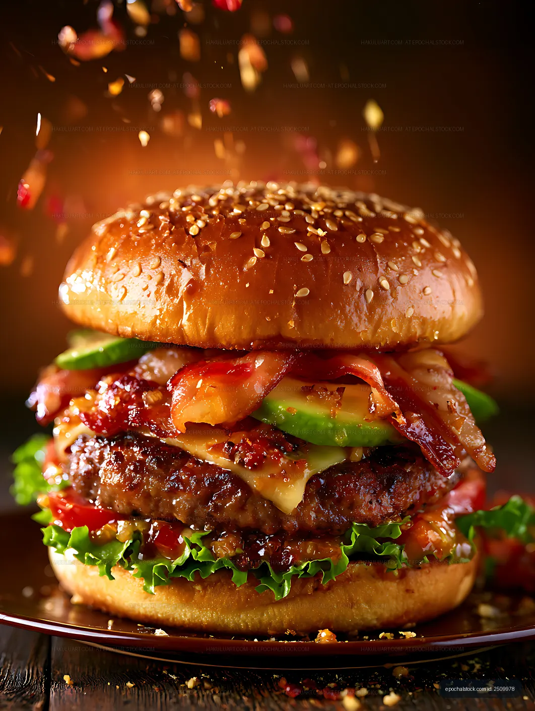 Juicy bacon cheeseburger with fresh vegetable toppings