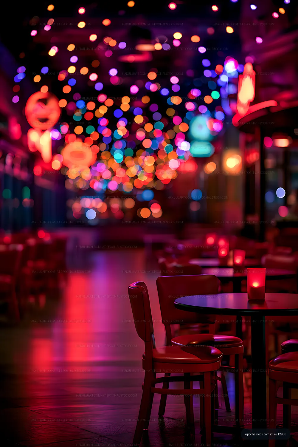 Moody neon lounge interior with glowing candle