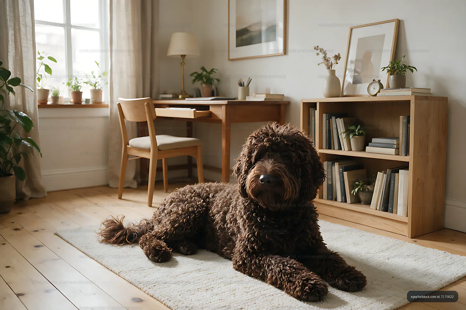 Shaggy curly dog resting in a warm home setting