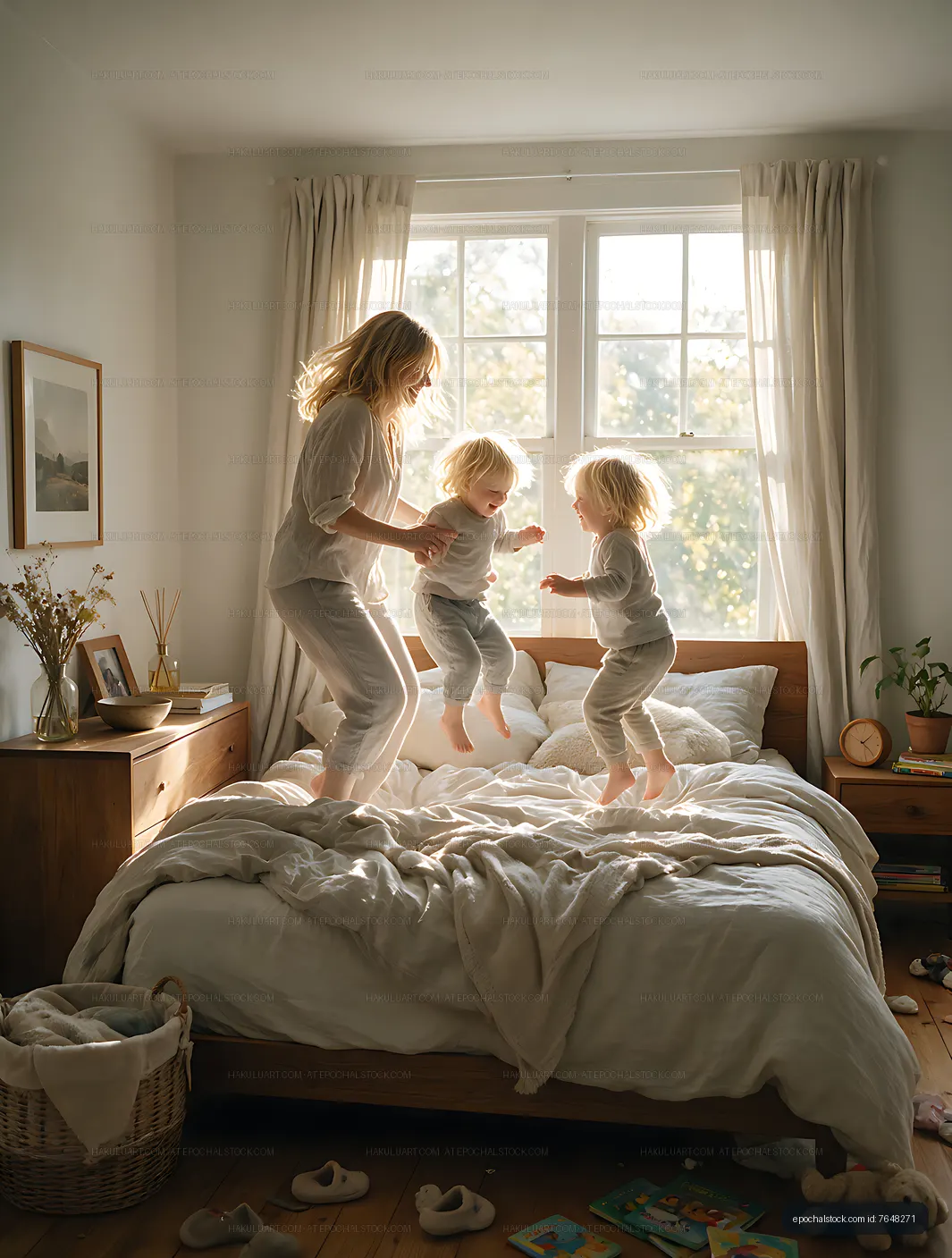 Family jumping together on a bed in a bright bedroom