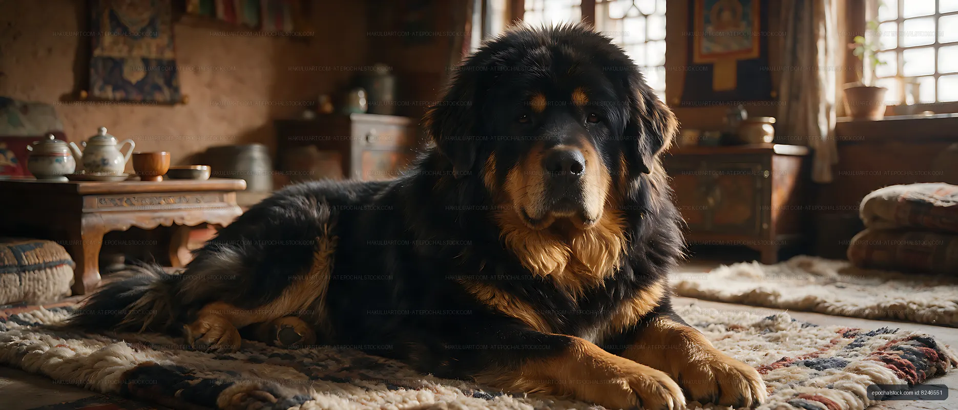 Long-haired dog resting on a patterned rug indoors