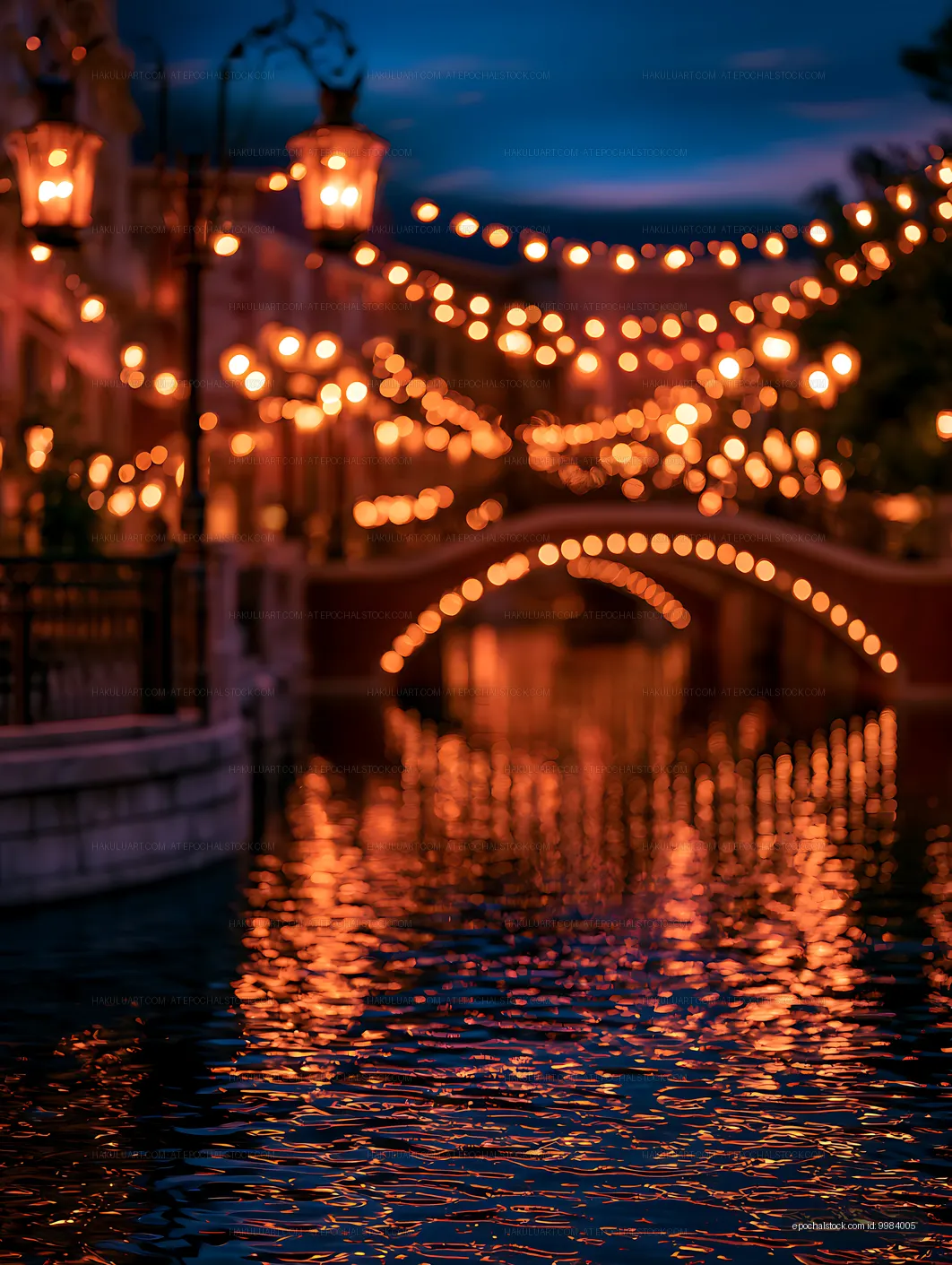 Twilight waterfront with glowing lights and reflections