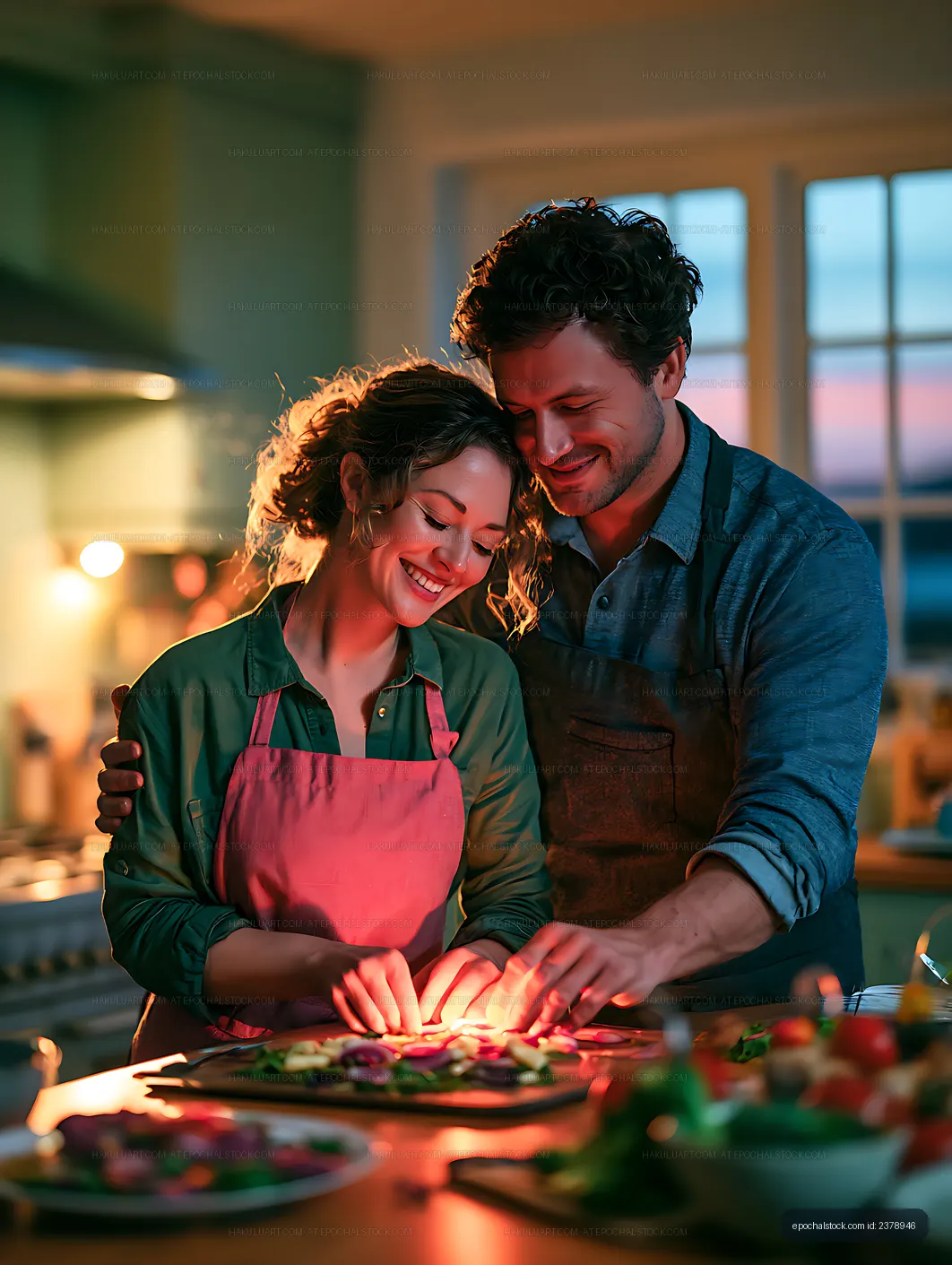 Couple preparing colorful food together in a kitchen