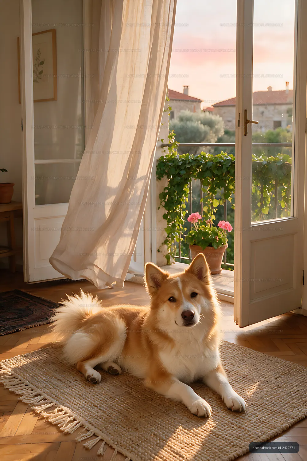 Dog resting beside an open balcony door at home