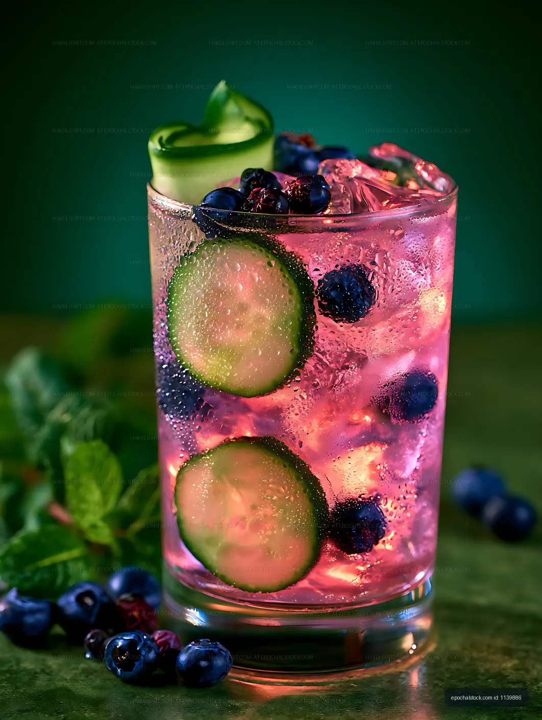 Colorful iced blueberry and lime drink with mint