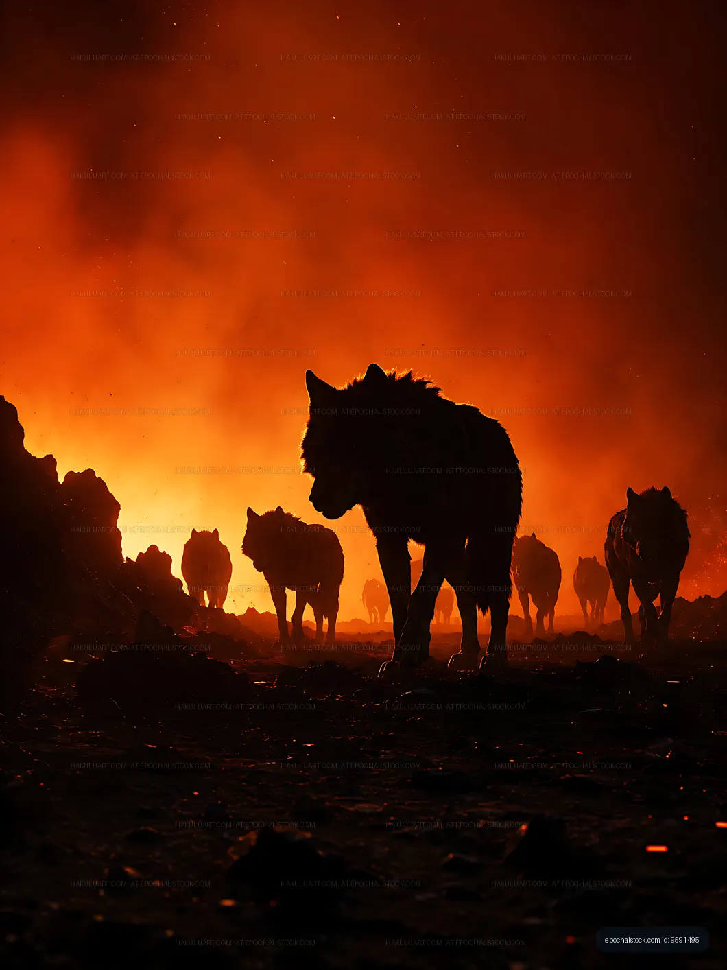 Wolves walking through smoke with a fiery background