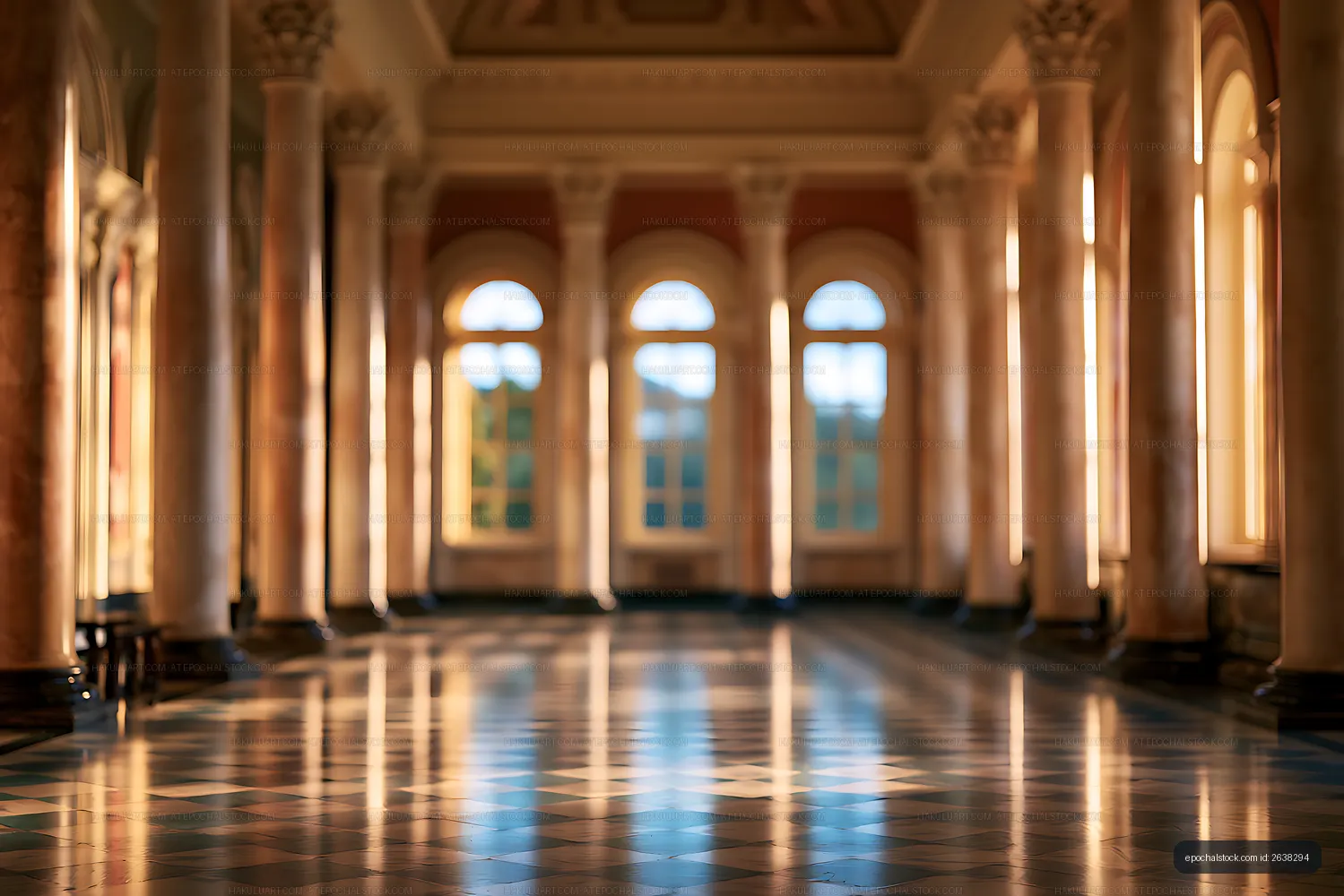 Warm sunlit hall with ornate columns and polished floor