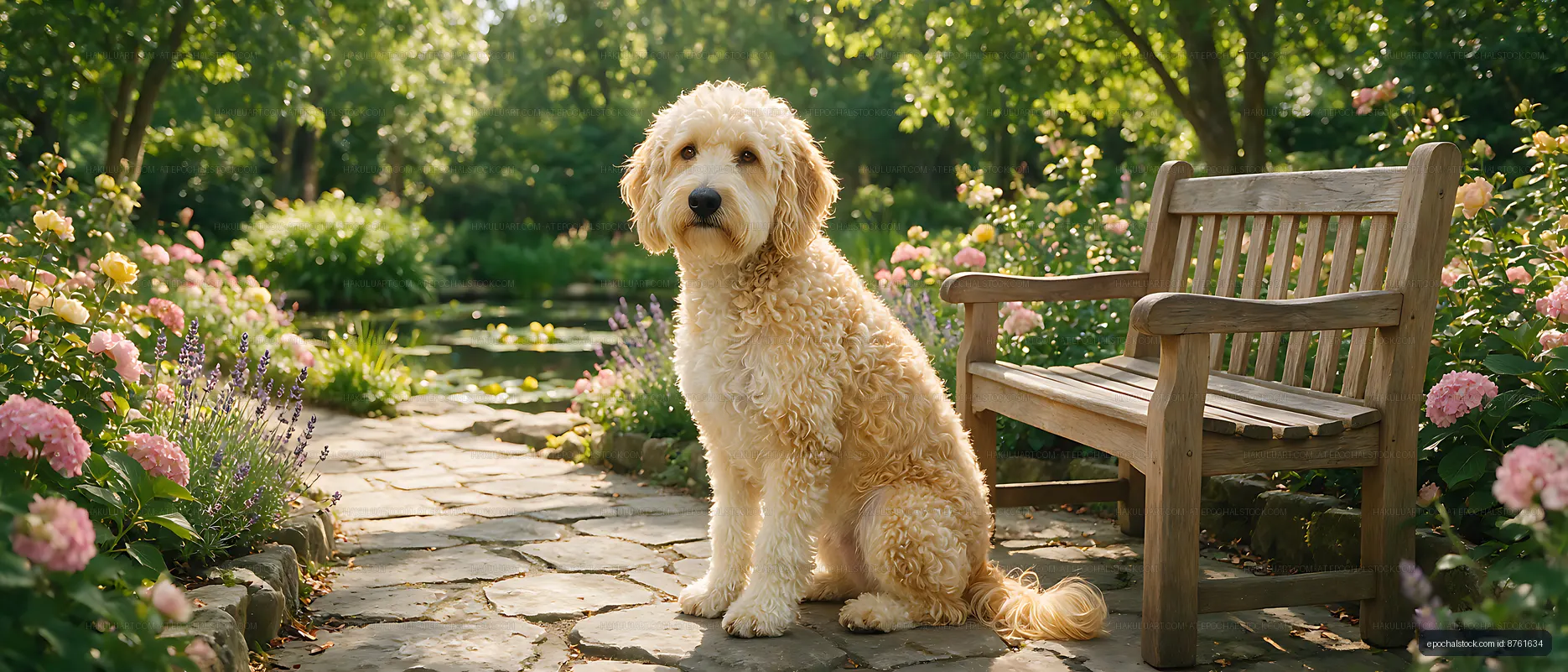 Curly-haired dog sitting in a sunlit ornamental garden
