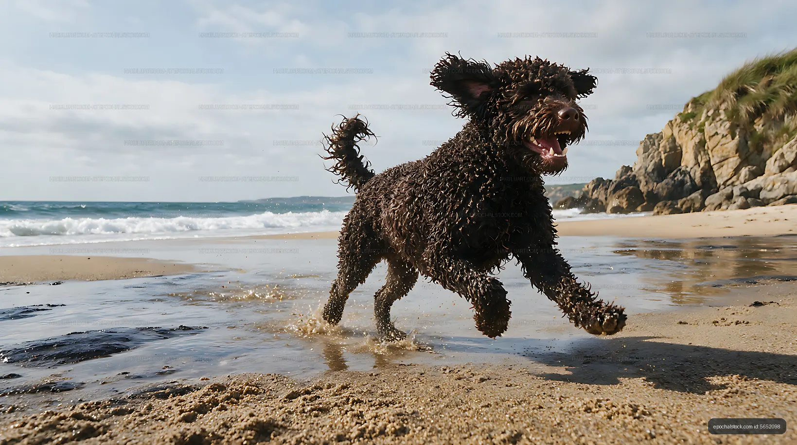 Curly-coated dog running in ocean shallows