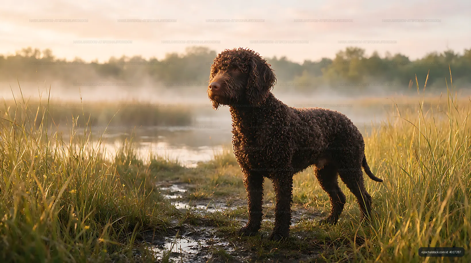 Brown curly-coated dog beside a misty pond