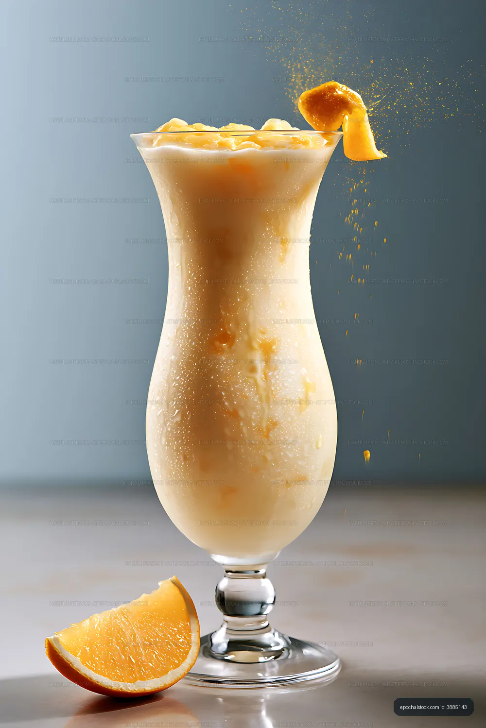 Creamy citrus smoothie with orange wedge and dynamic splash