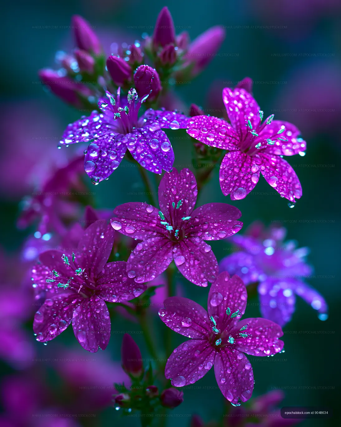 Colorful flowers with water droplets close up