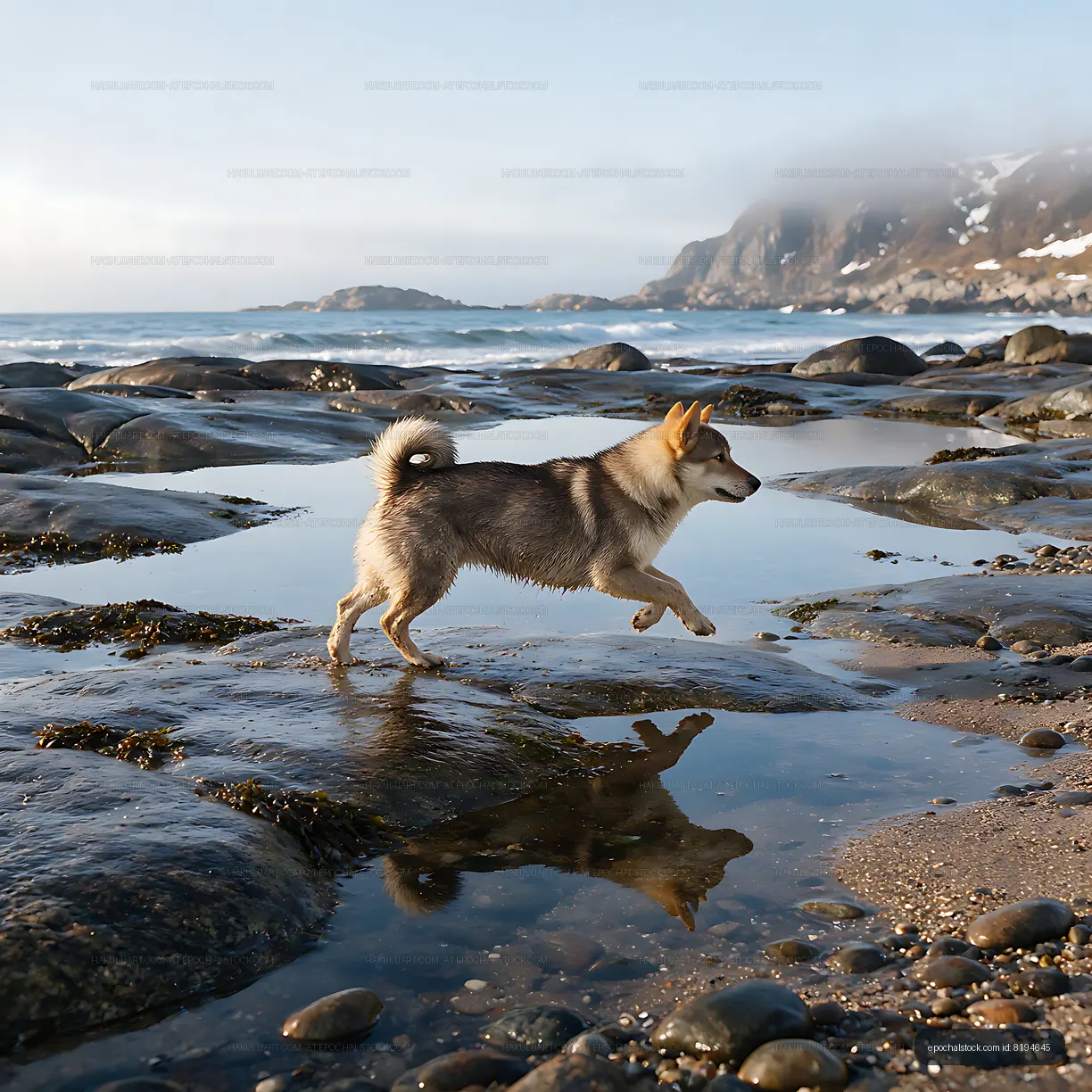 Dog in motion on a rugged coastal beach