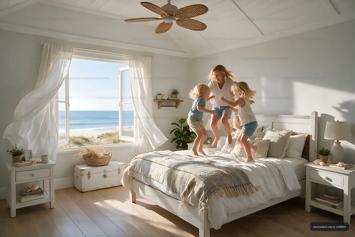 Joyful family jumping together on a bed by the sea