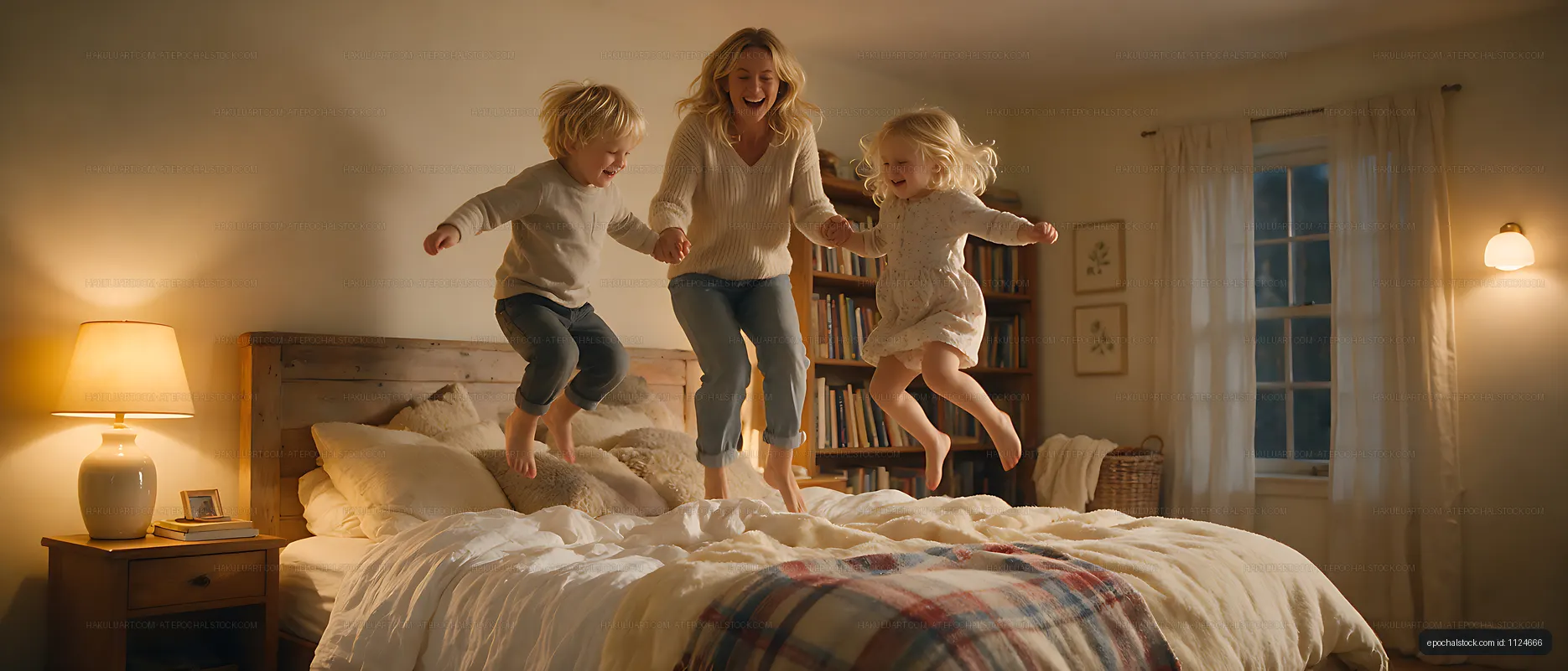 Family jumping together on a bed in a cozy bedroom