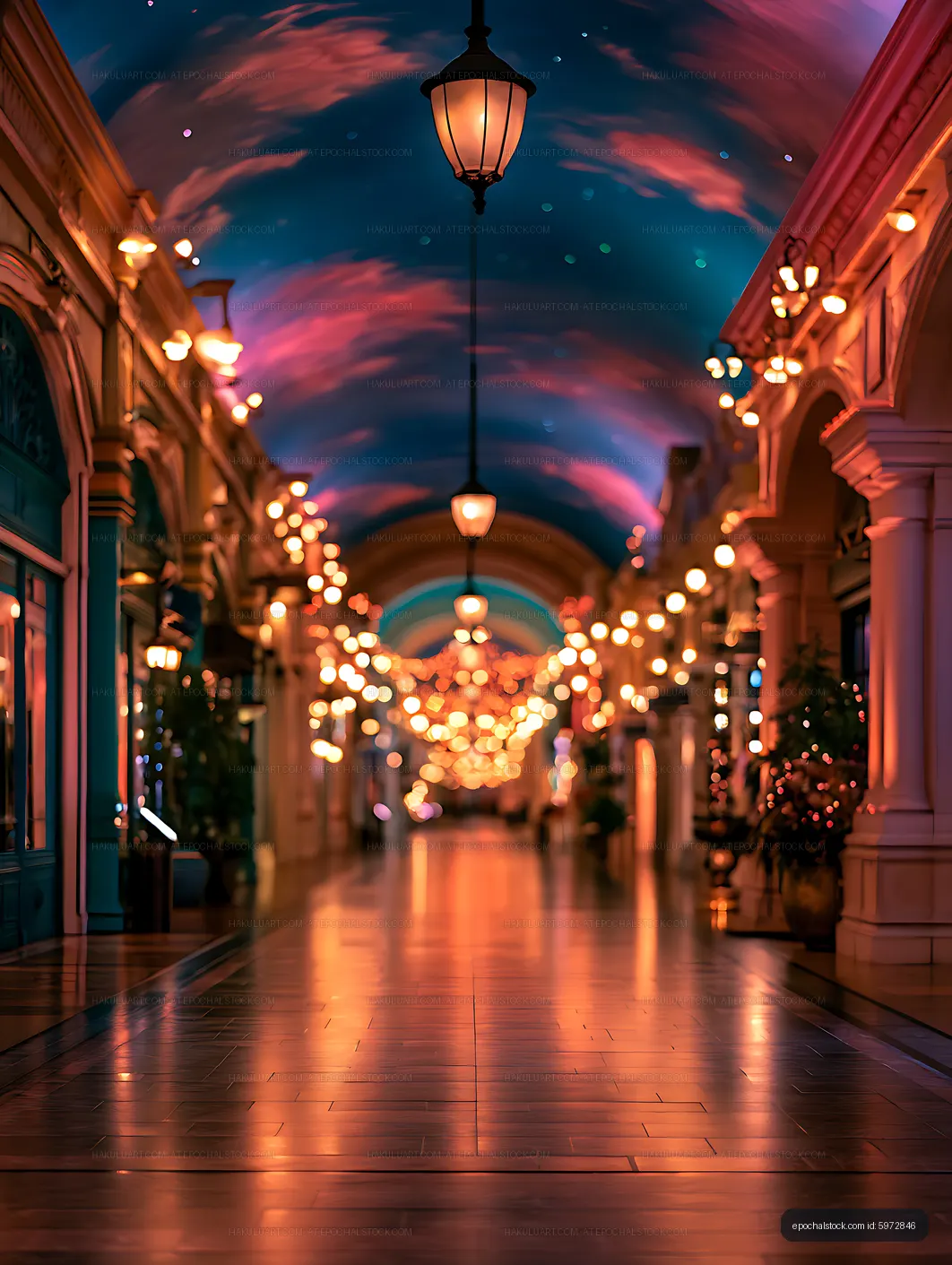 Colorful lantern-lit arcade with reflections