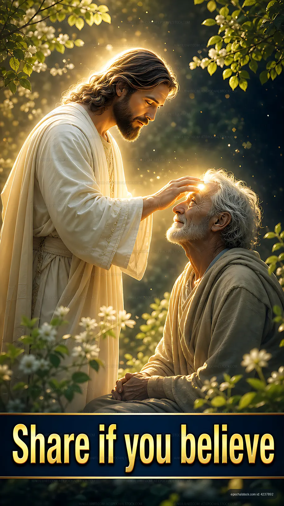 Jesus healing a man in a garden setting