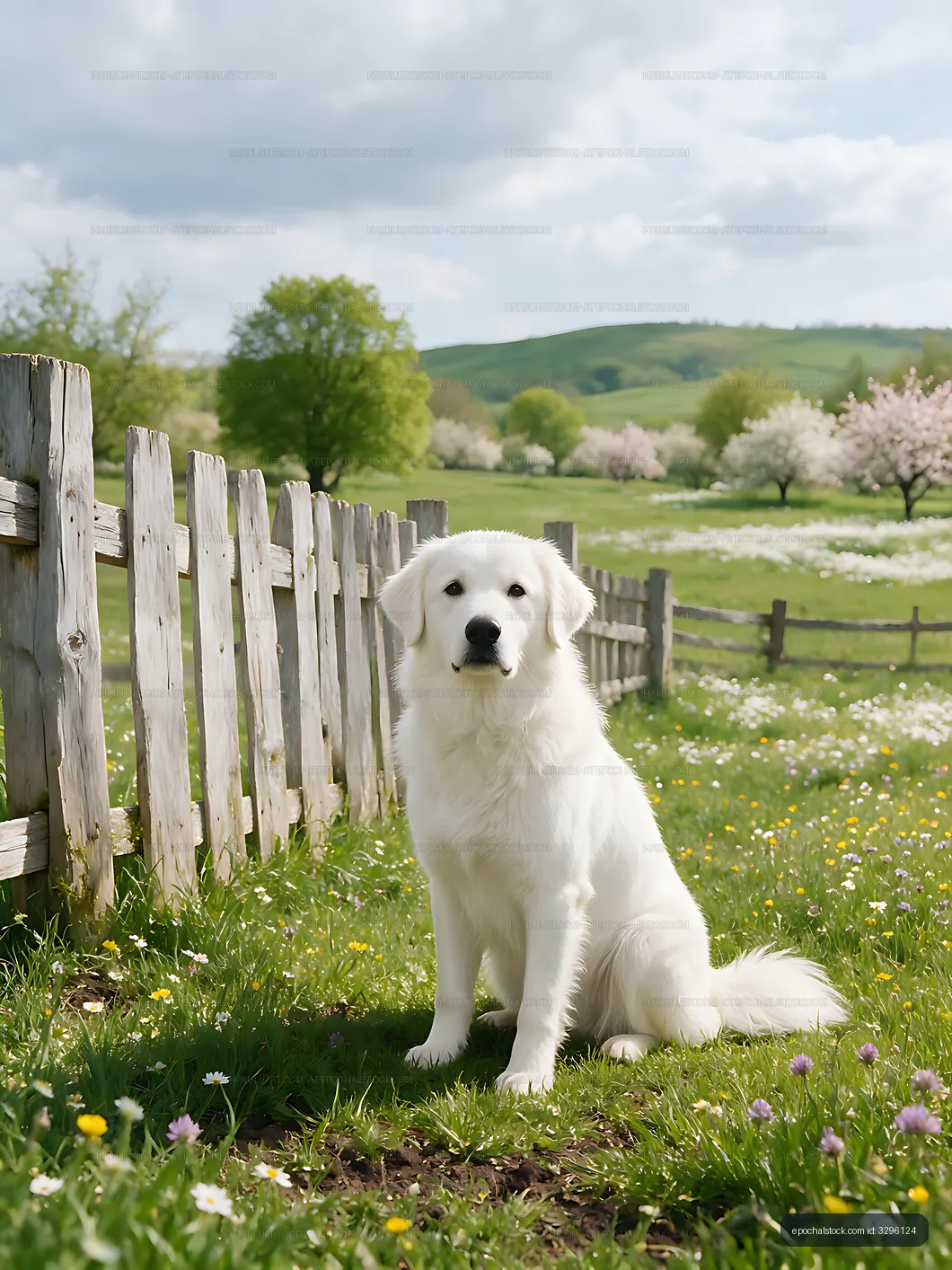 White dog posing in a flower-filled rural meadow