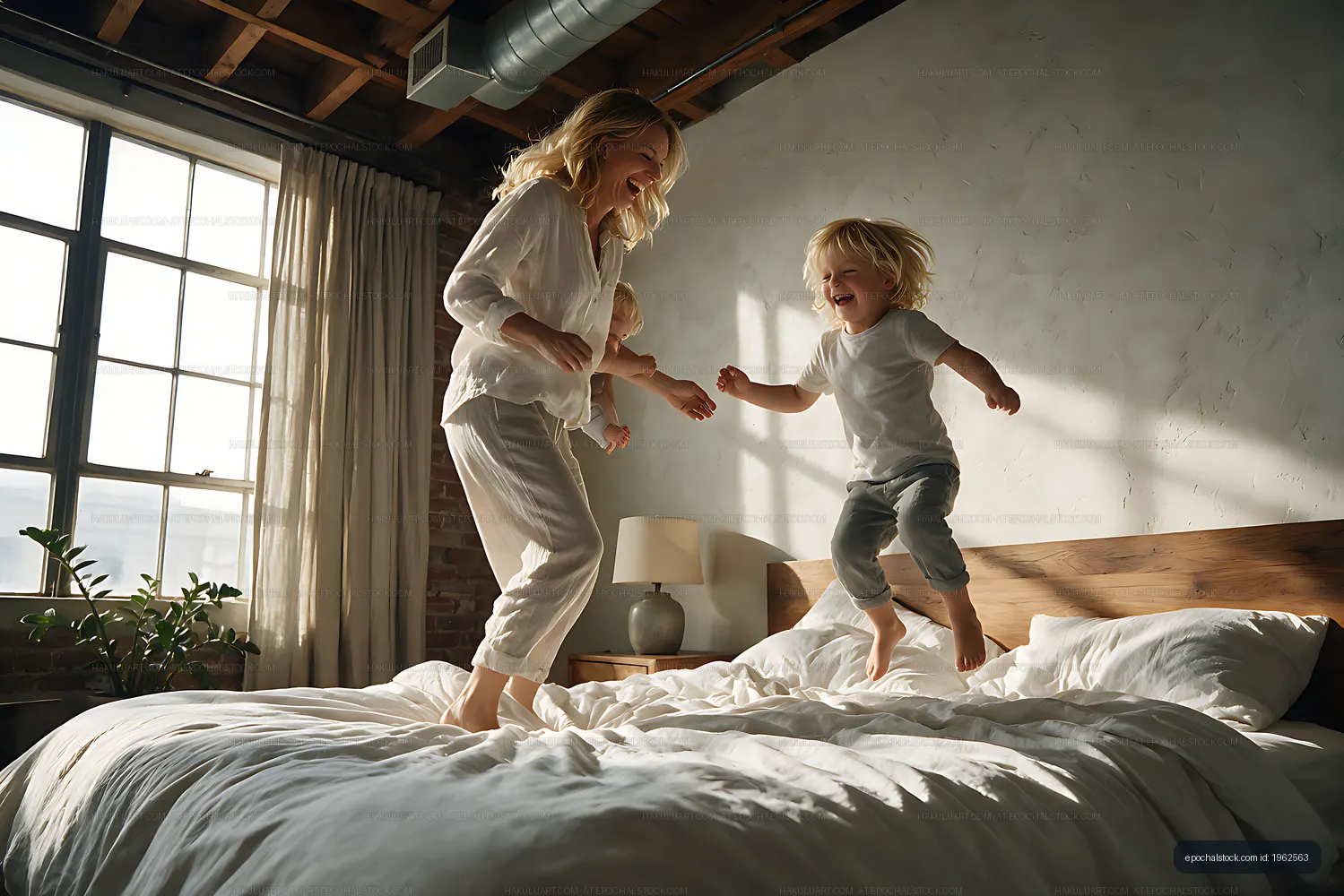 Family jumping and laughing on a bed