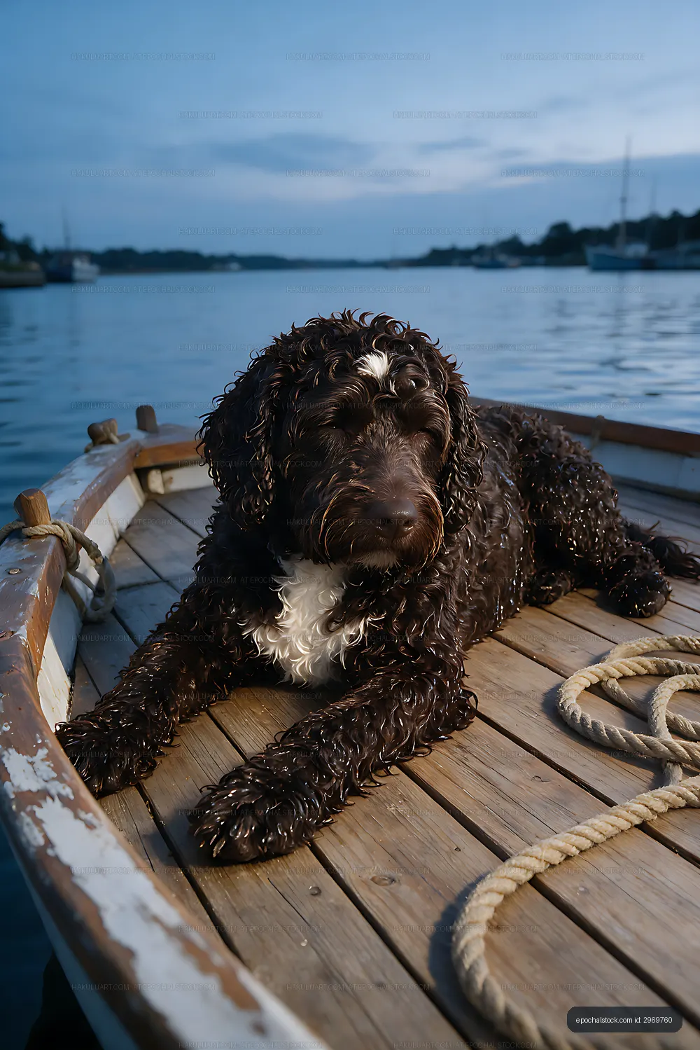 Curly-coated brown dog relaxing on a boat deck
