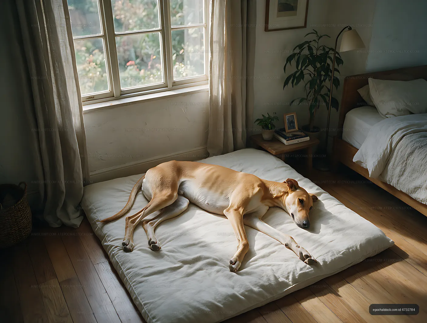 Dog relaxing on a floor mattress in a bright bedroom